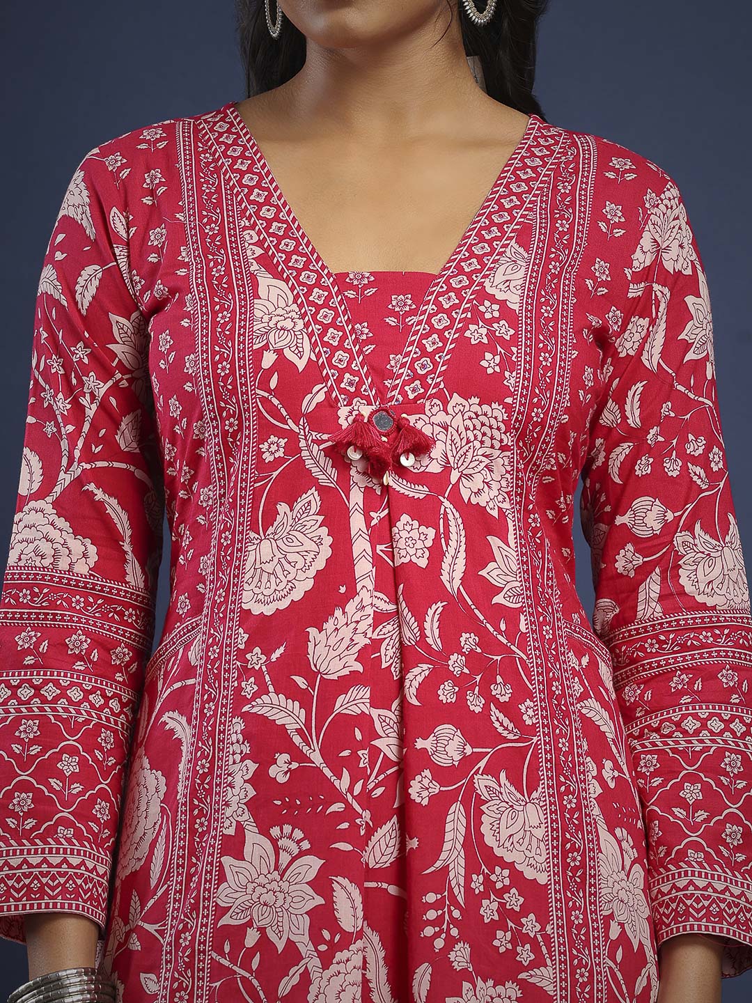 Hot Pink Cotton Blend Printed A Line Suit Set
