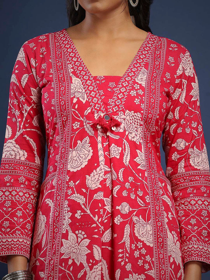 Hot Pink Cotton Blend Printed A Line Suit Set