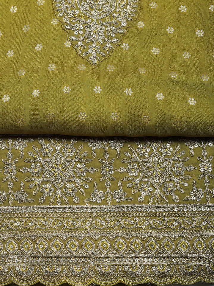 Embroidered Art Silk Unstitched Suit With Pant &amp; Dupatta