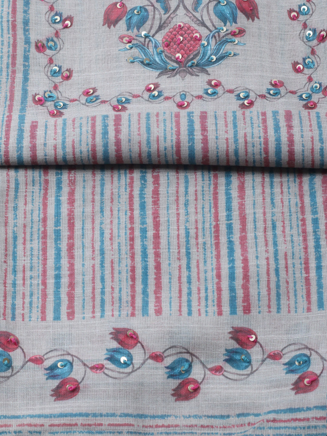 Printed Linen Blend Unstitched Suit With Pant &amp; Dupatta