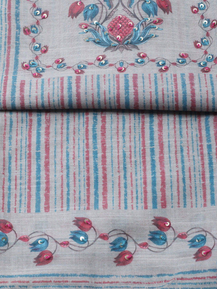 Printed Linen Blend Unstitched Suit With Pant &amp; Dupatta