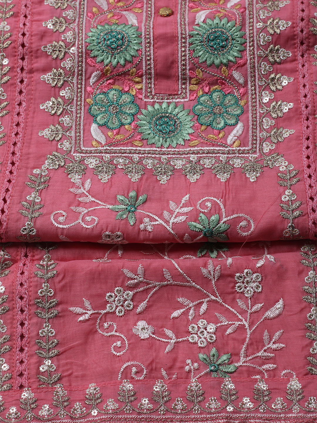 Embroidered Chanderi Unstitched Kurta With Pant &amp; Dupatta