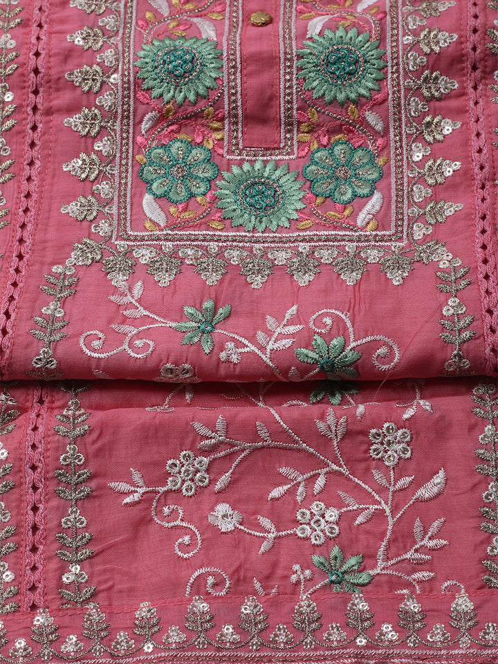 Embroidered Chanderi Unstitched Kurta With Pant &amp; Dupatta