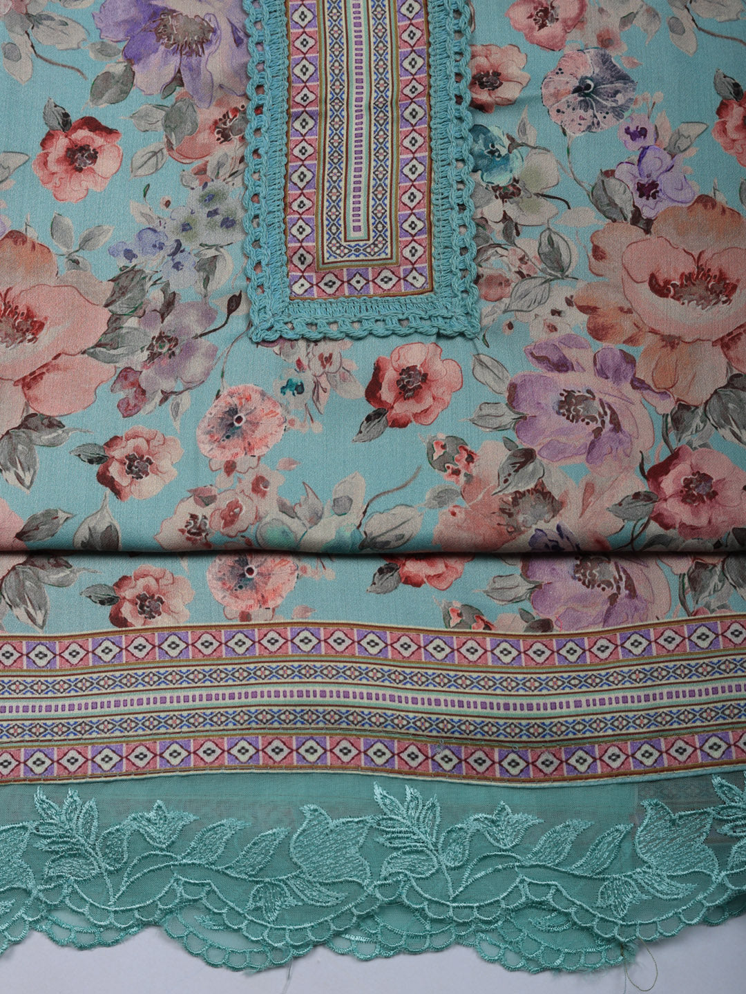 Embroidered Cotton Blend Unstitched Suit With Pant &amp; Dupatta