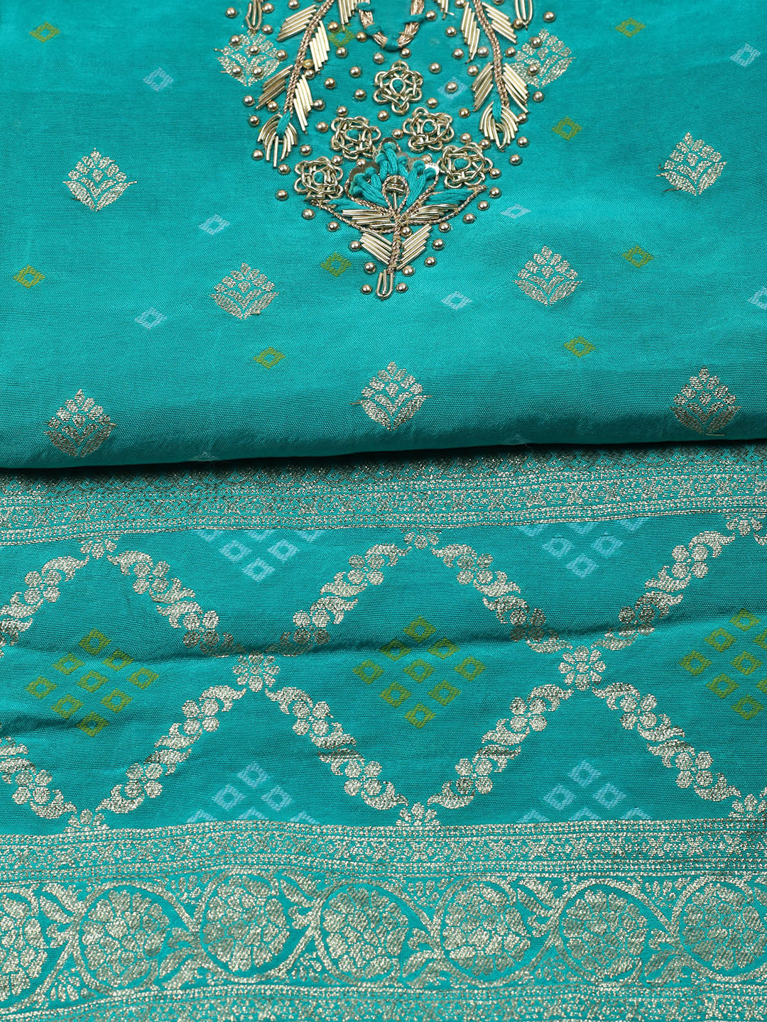 Embroidered Chanderi Unstitched Suit With Pant &amp; Dupatta