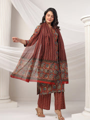 Printed Cotton Blend Kurta With Pants & Dupatta