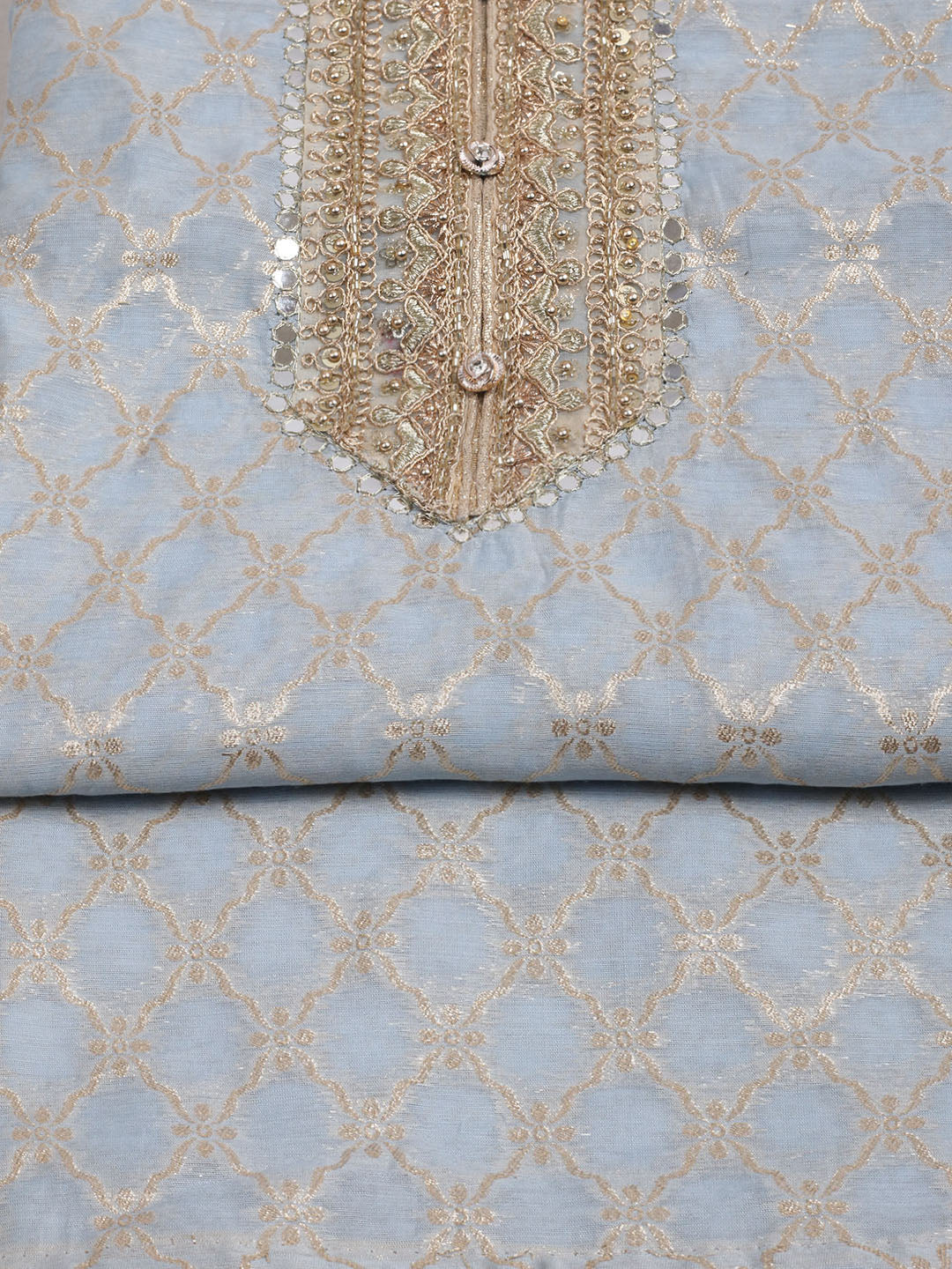 Neck Patti Printed Chanderi Unstitched Suit With Dupatta