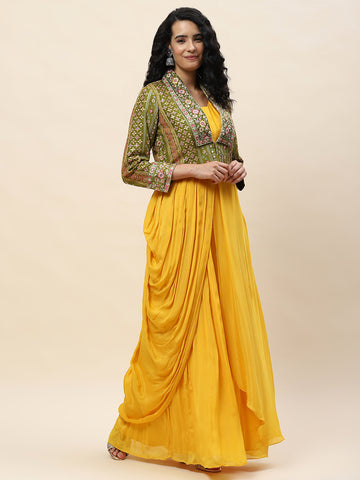 Resham Embroidery Crepe Gown Dress With Jacket