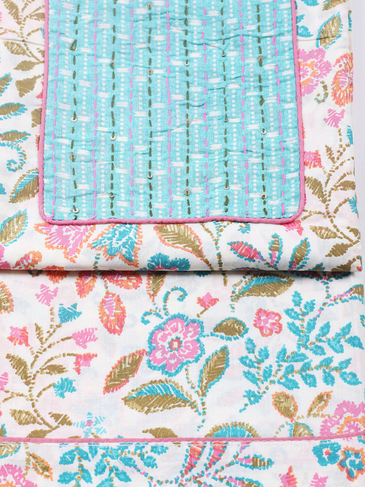 Printed Cotton Blend Unstitched Suit With Pant &amp; Dupatta