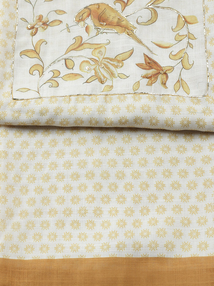 Printed Linen Blend Unstitched Suit With Pant &amp; Dupatta