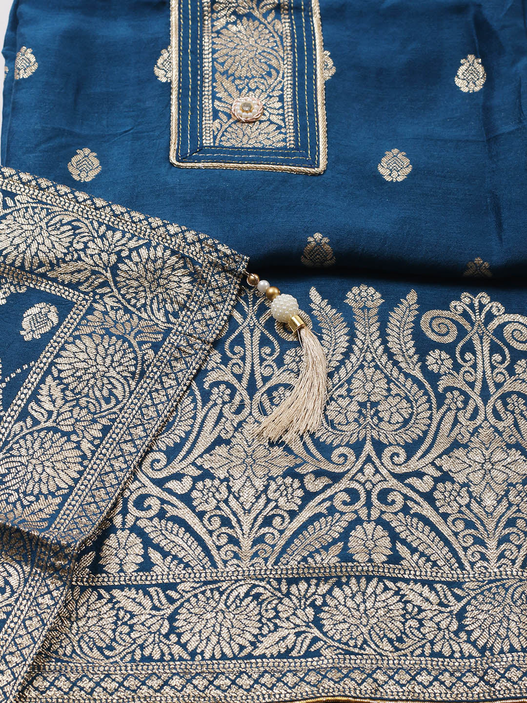 Embroidered Chanderi Unstitched Suit With Pant &amp; Dupatta