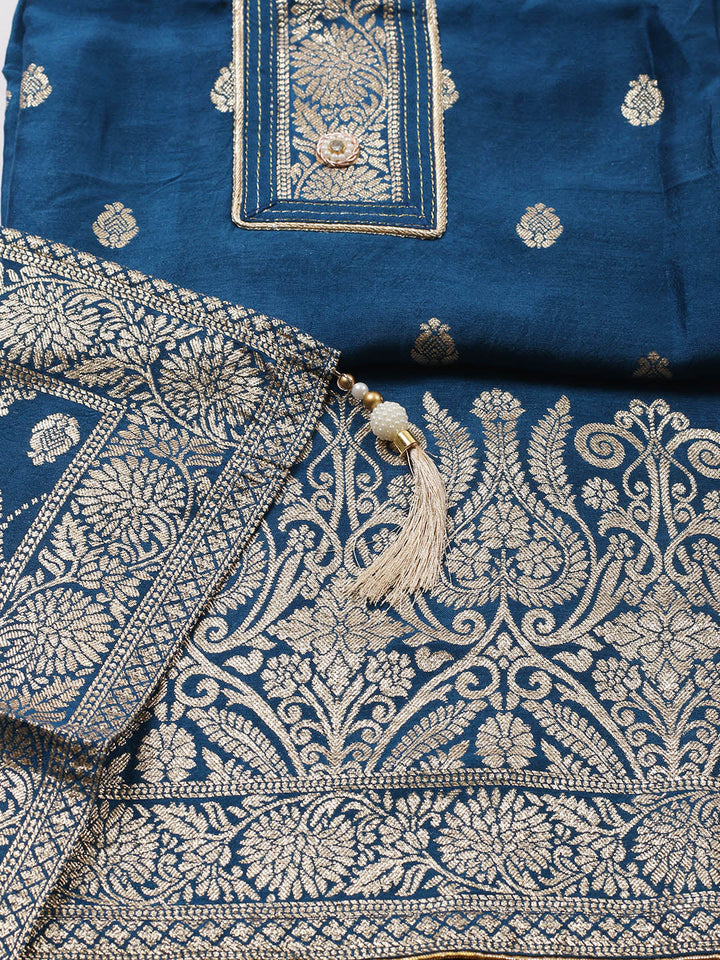 Embroidered Chanderi Unstitched Suit With Pant &amp; Dupatta
