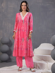 Neck Embroidery Muslin Kurta With Pants & Dupatta