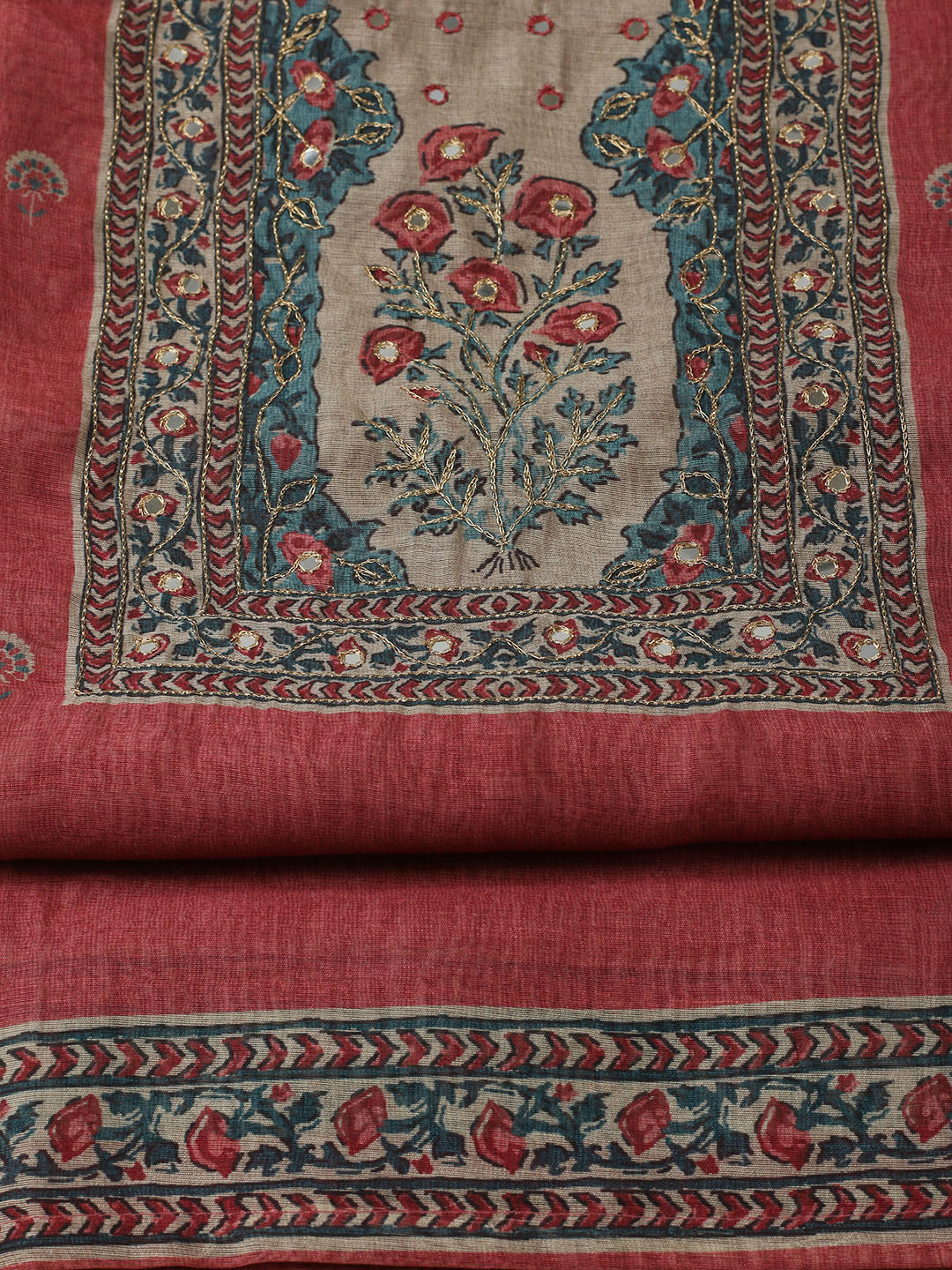 Printed Chanderi Unstitched Suit With Pant &amp; Dupatta