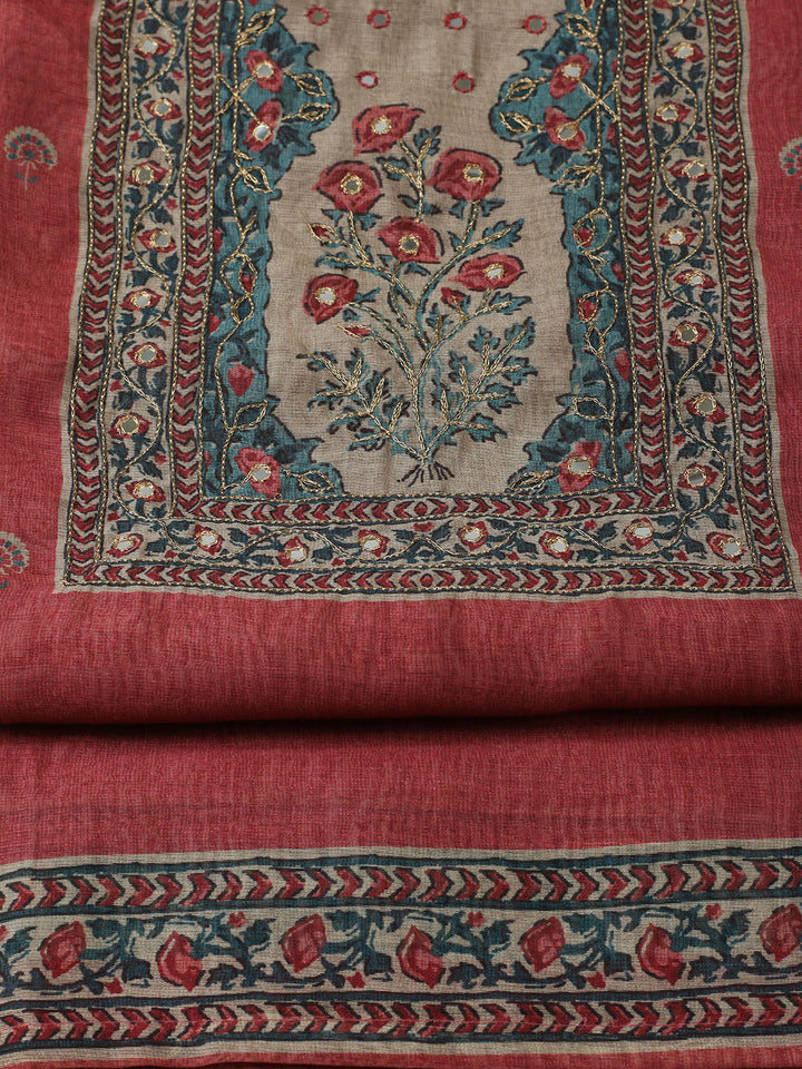 Printed Chanderi Unstitched Suit With Pant &amp; Dupatta