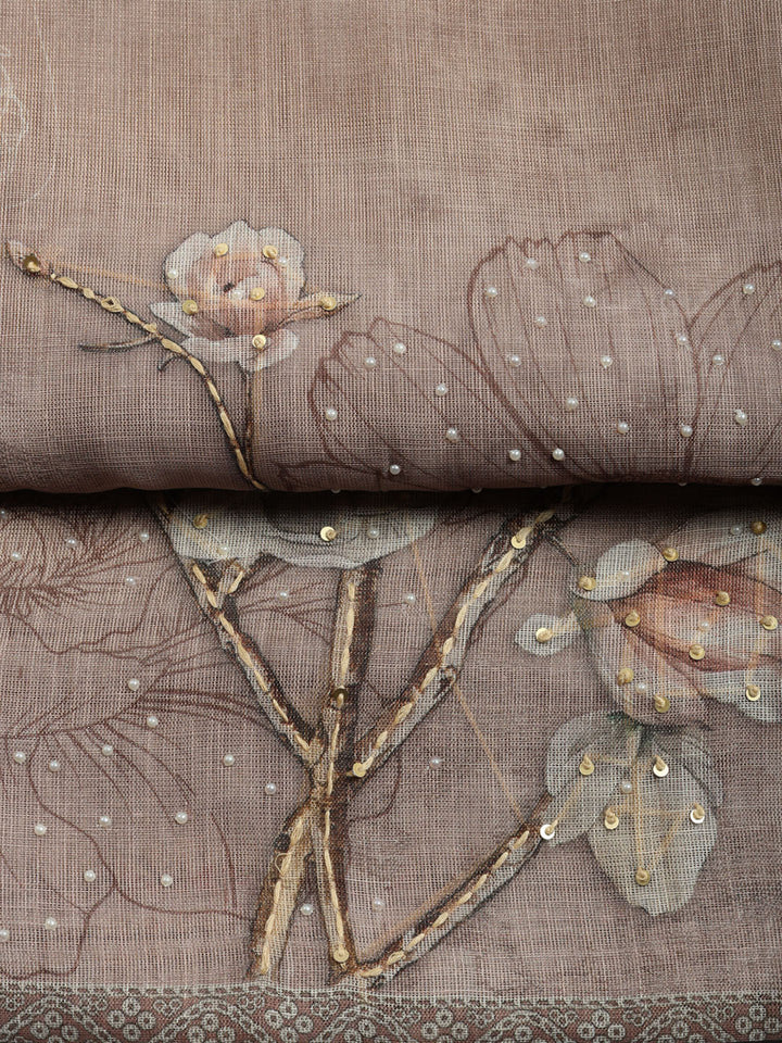 Printed Linen Blend Unstitched Suit With Pant &amp; Dupatta