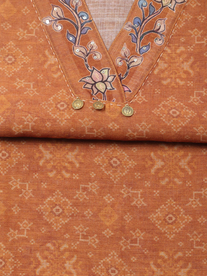 Embroidered Linen Blend Unstitched Suit With Pant &amp; Dupatta