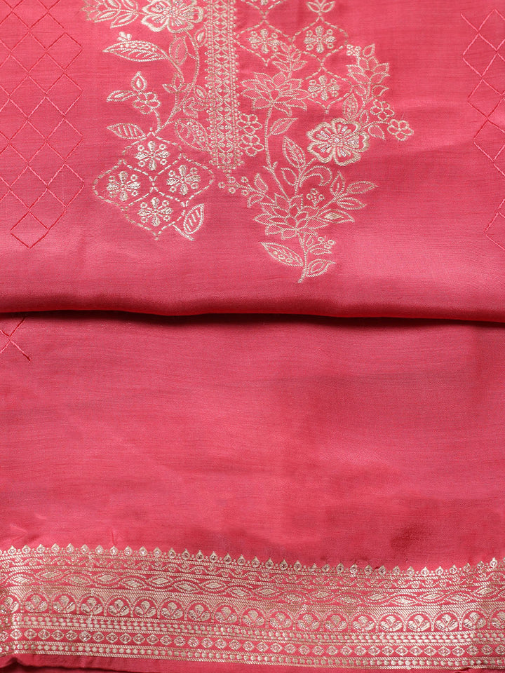 Embroidered Art Silk Unstitched Suit With Pant &amp; Dupatta