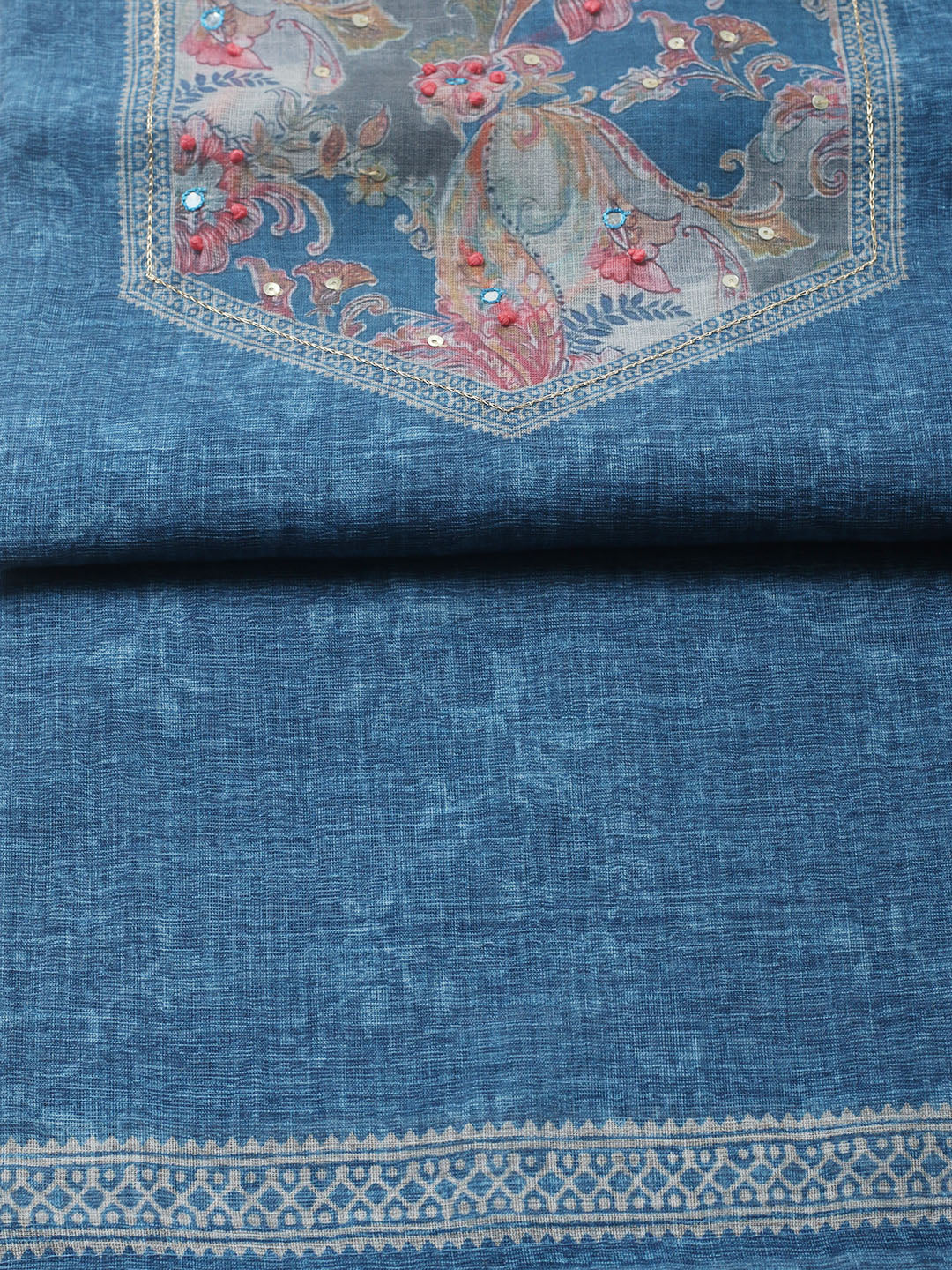 Embroidered Linen Blend Unstitched Suit With Pant &amp; Dupatta