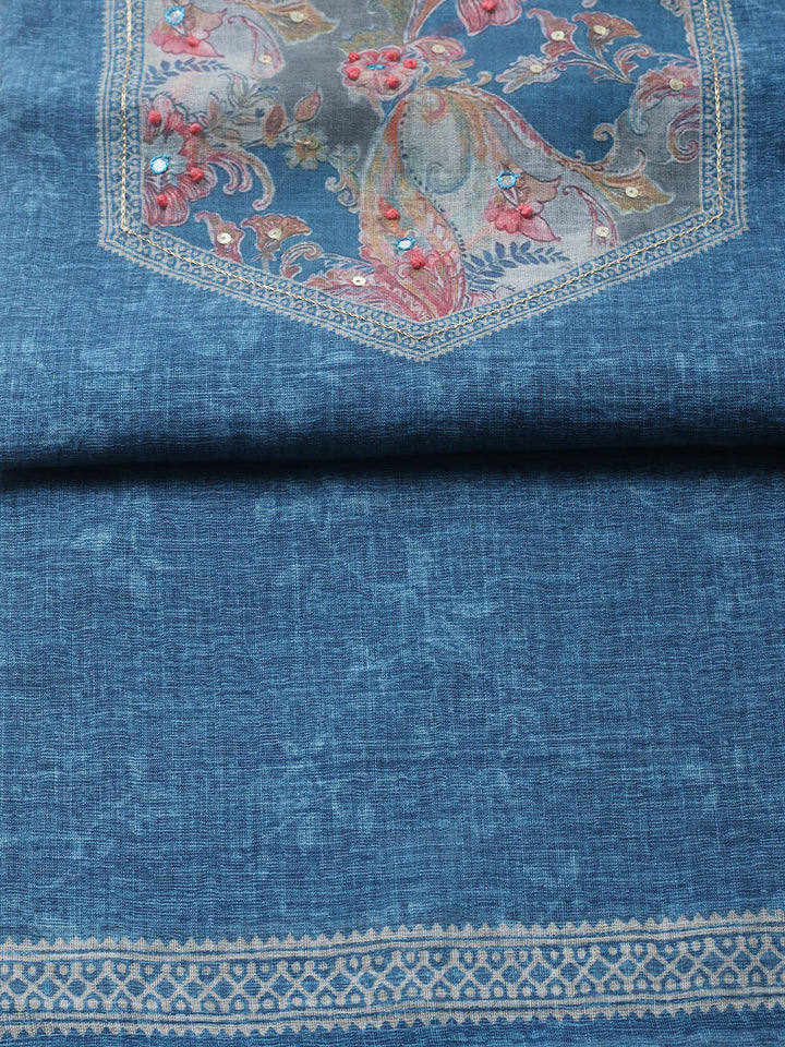 Embroidered Linen Blend Unstitched Suit With Pant &amp; Dupatta