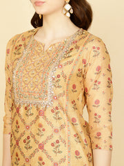 Floral Printed Chanderi Kurta With Pants & Dupatta