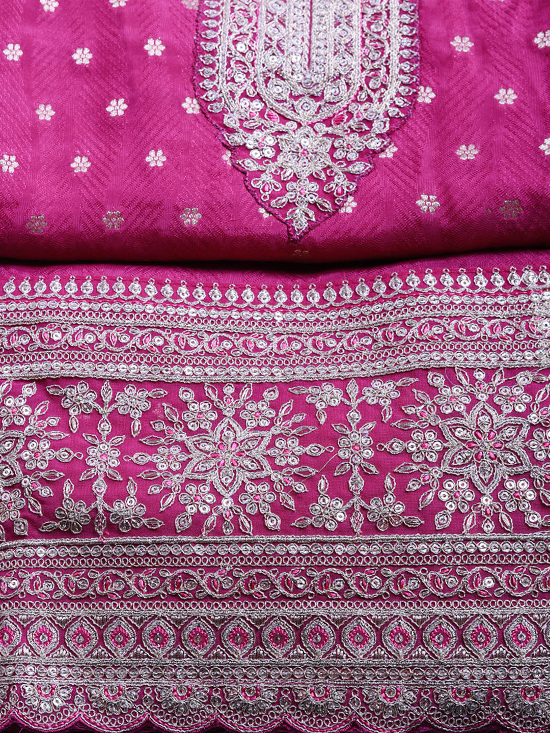 Embroidered Art Silk Unstitched Suit With Pant &amp; Dupatta