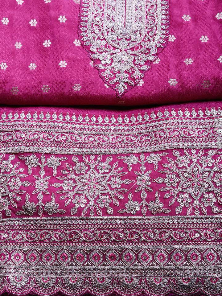 Embroidered Art Silk Unstitched Suit With Pant &amp; Dupatta
