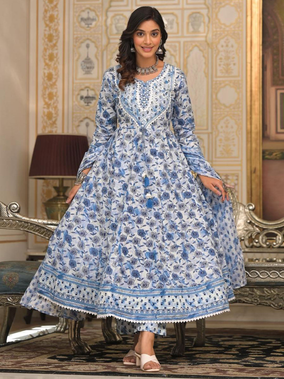 Floral Printed Cotton Kurta With Pants & Dupatta