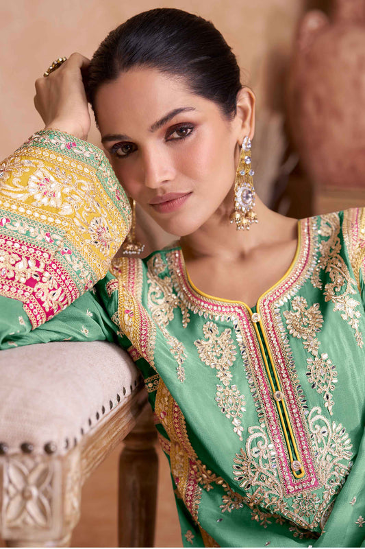 Zari Embroidery Round Neck Chinnon Plazzo And Kurta