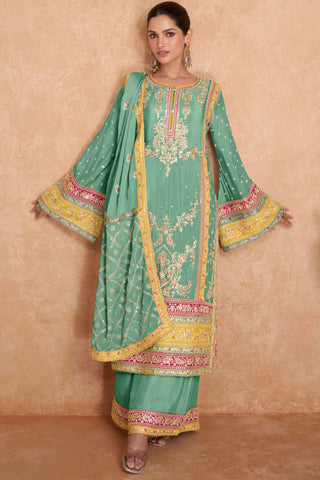 Zari Embroidery Round Neck Chinnon Plazzo And Kurta