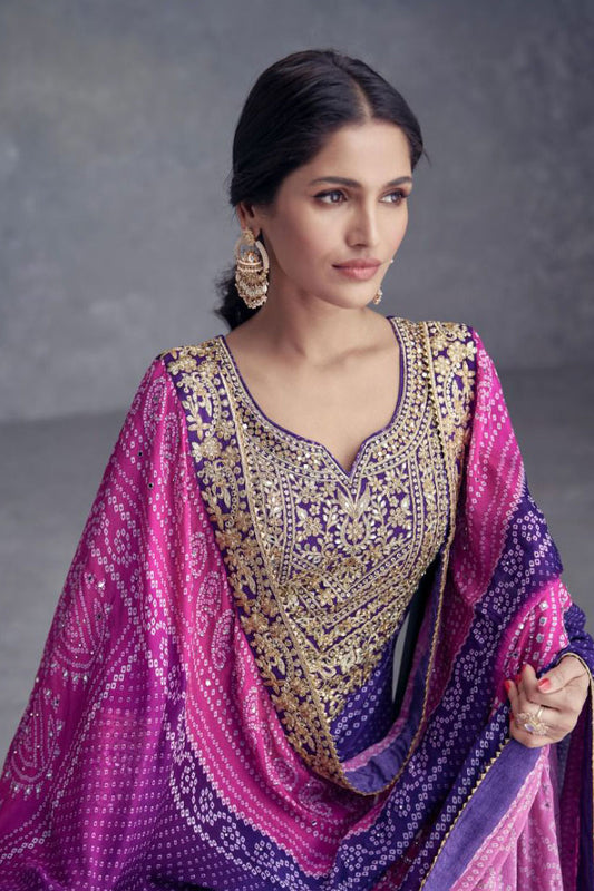 Embroidered & Sequin Round Neck Chinnon Plazzo And Kurta