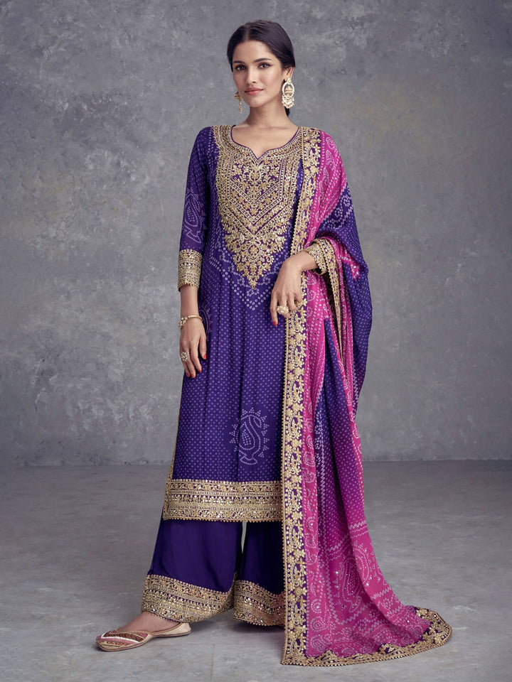 Embroidered &amp; Sequin Round Neck Chinnon Plazzo And Kurta
