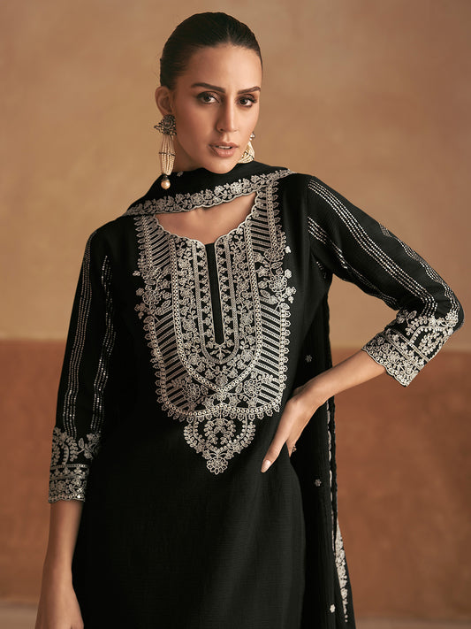 Neck Embroidery Chinnon Straight Kurta With Palazzo & Dupatta