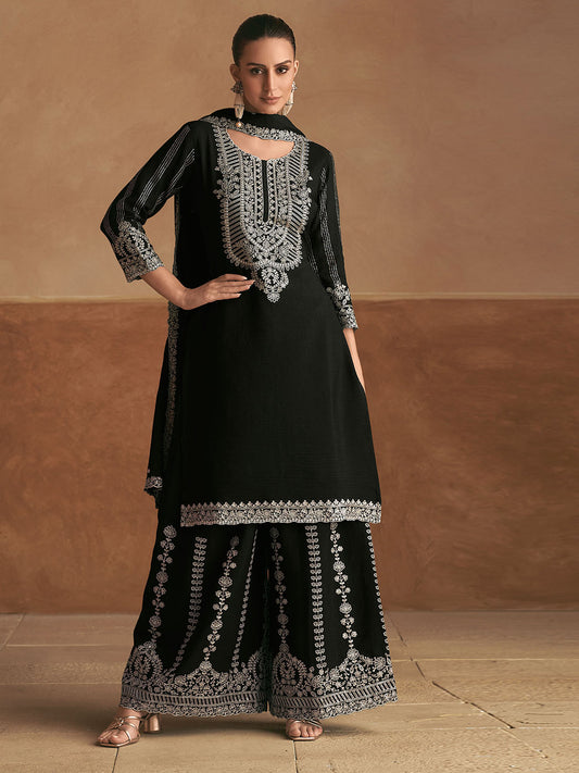 Neck Embroidery Chinnon Straight Kurta With Palazzo & Dupatta