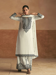 Neck Embroidery Chinnon Straight Kurta With Palazzo & Dupatta