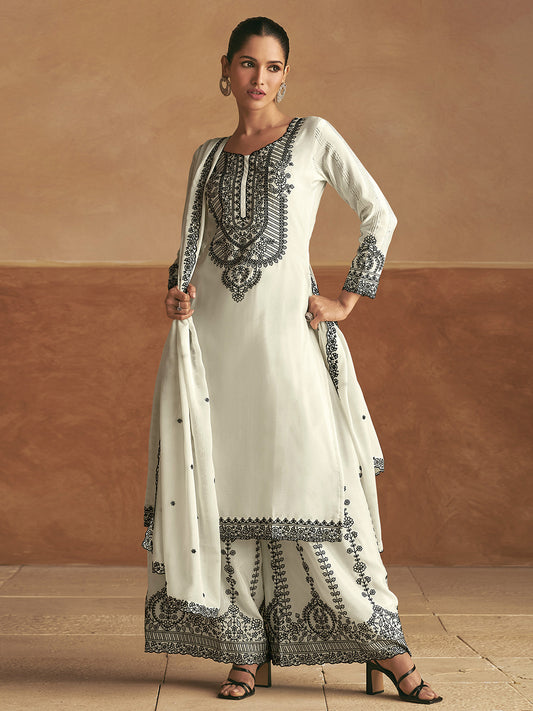 Neck Embroidery Chinnon Straight Kurta With Palazzo & Dupatta