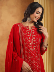 Neck Embroidered Velvet Kurta With Pants & Dupatta