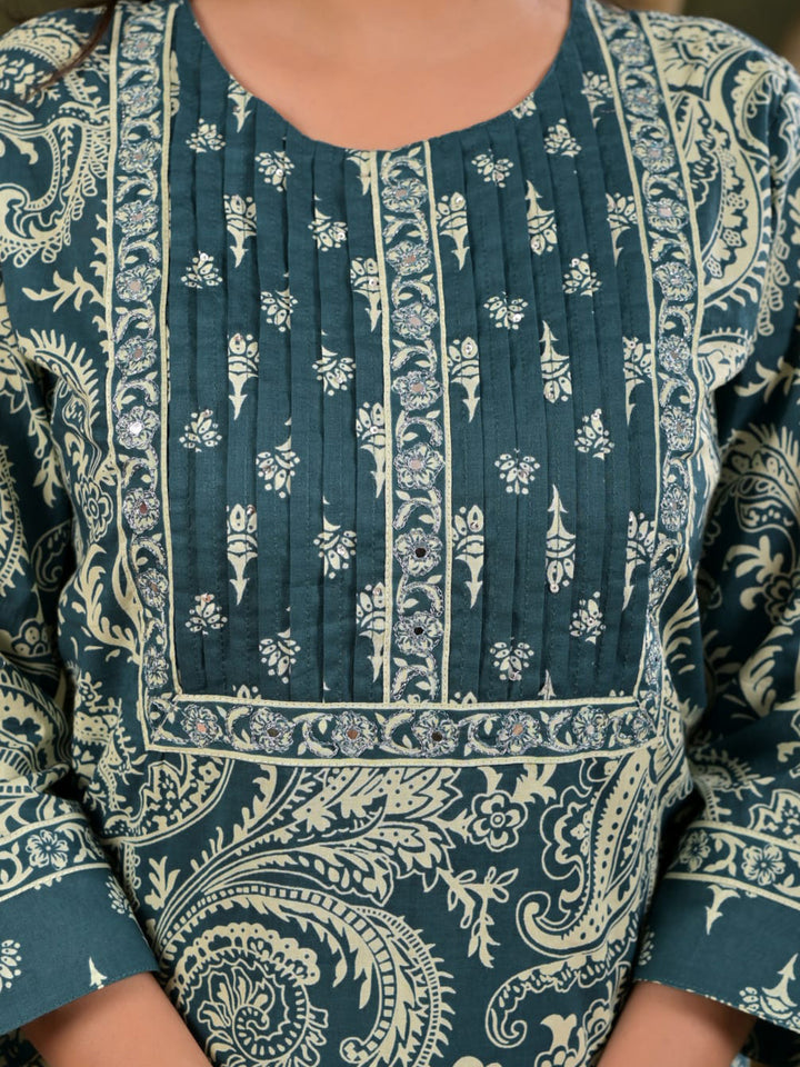 Blue Embroidered Cotton Blend Straight Suit Set With Dupatta