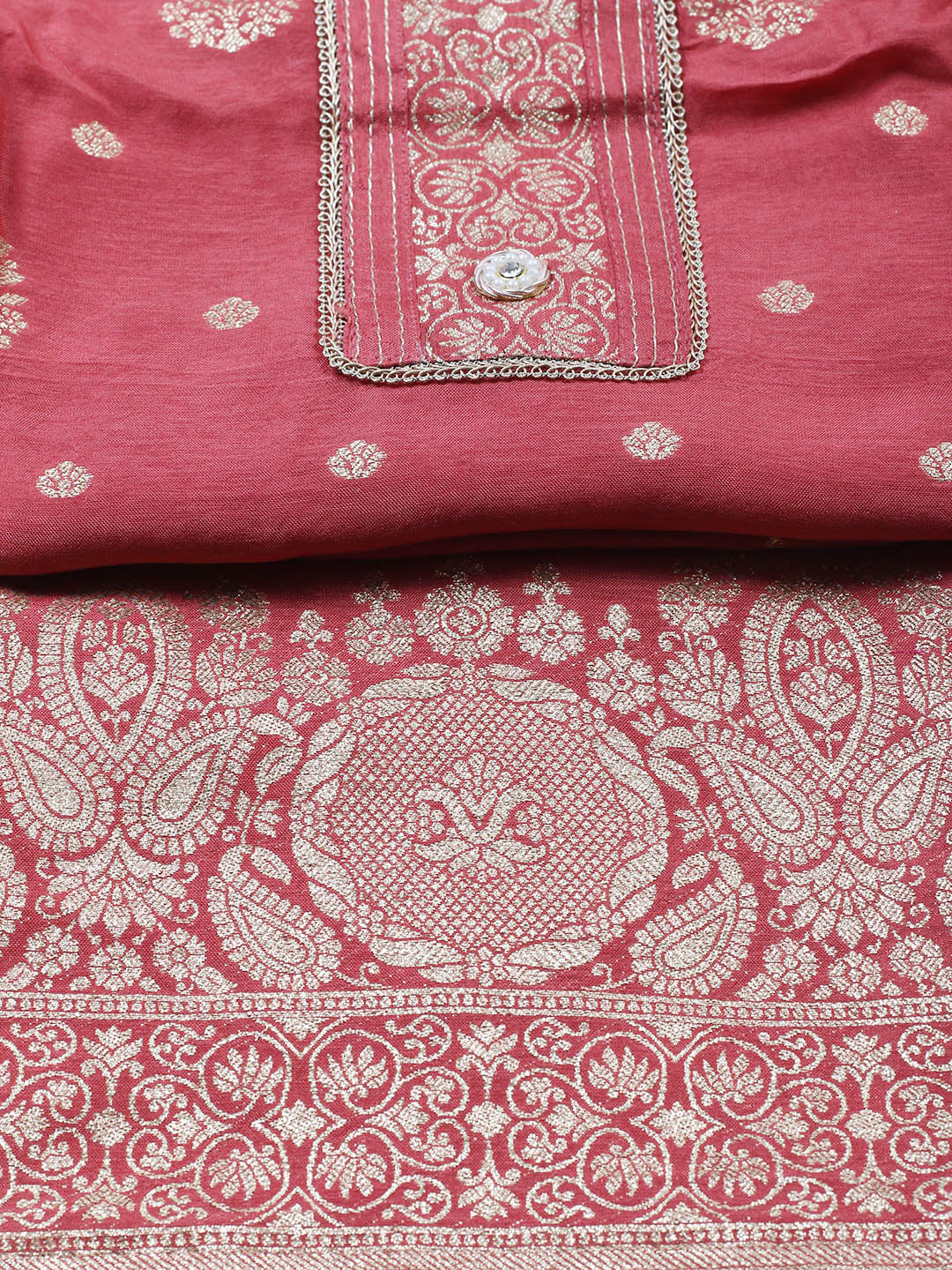 Embroidered Chanderi Unstitched Suit With Pant &amp; Dupatta