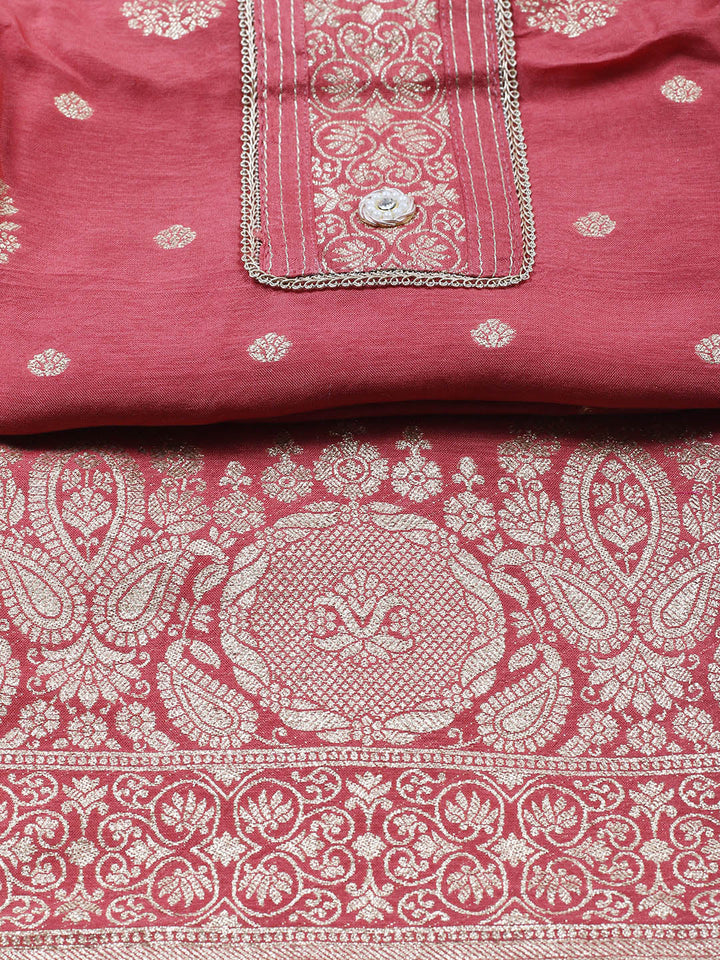 Embroidered Chanderi Unstitched Suit With Pant &amp; Dupatta