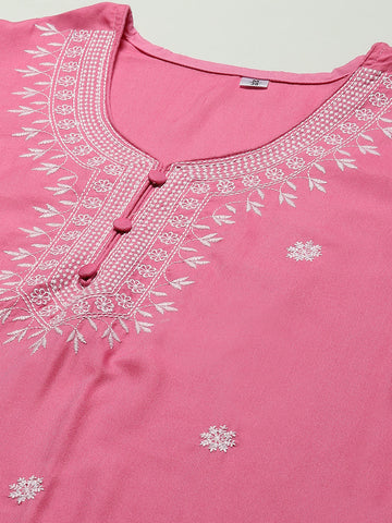 Neck Embroidery Cotton Kurta With Pants & Dupatta