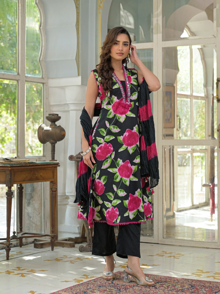Black Cotton Blend Printed Straight Suit Set