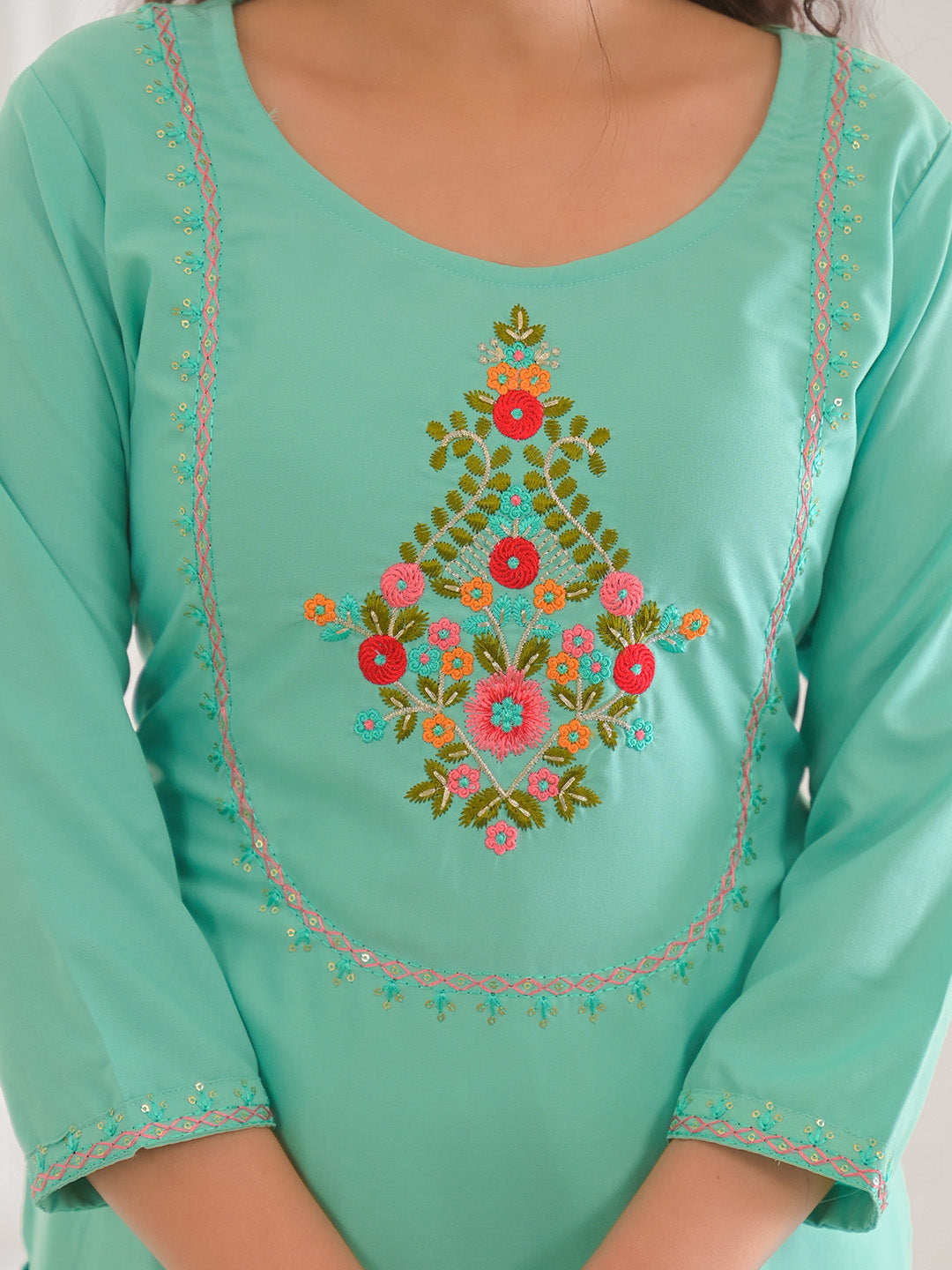 Neck Embroidery Cotton Blend Kurta With Pants &amp; Dupatta