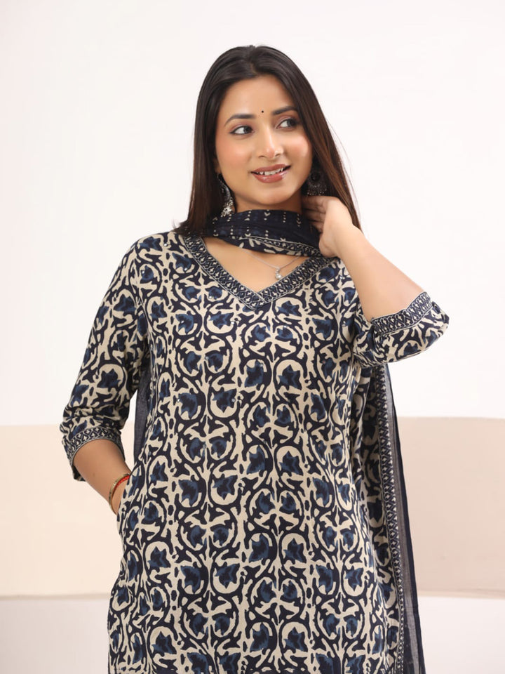 Black Embroidered Cotton Blend Straight Suit Set With Dupatta