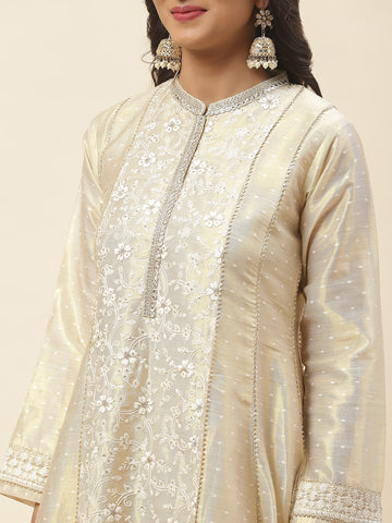 Resham Booti Embroidered Cotton Anarkali Kurta With Churidar & Dupatta