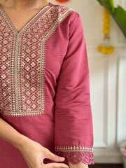 Neck Embroidery Cotton Blend Kurta With Pants & Dupatta