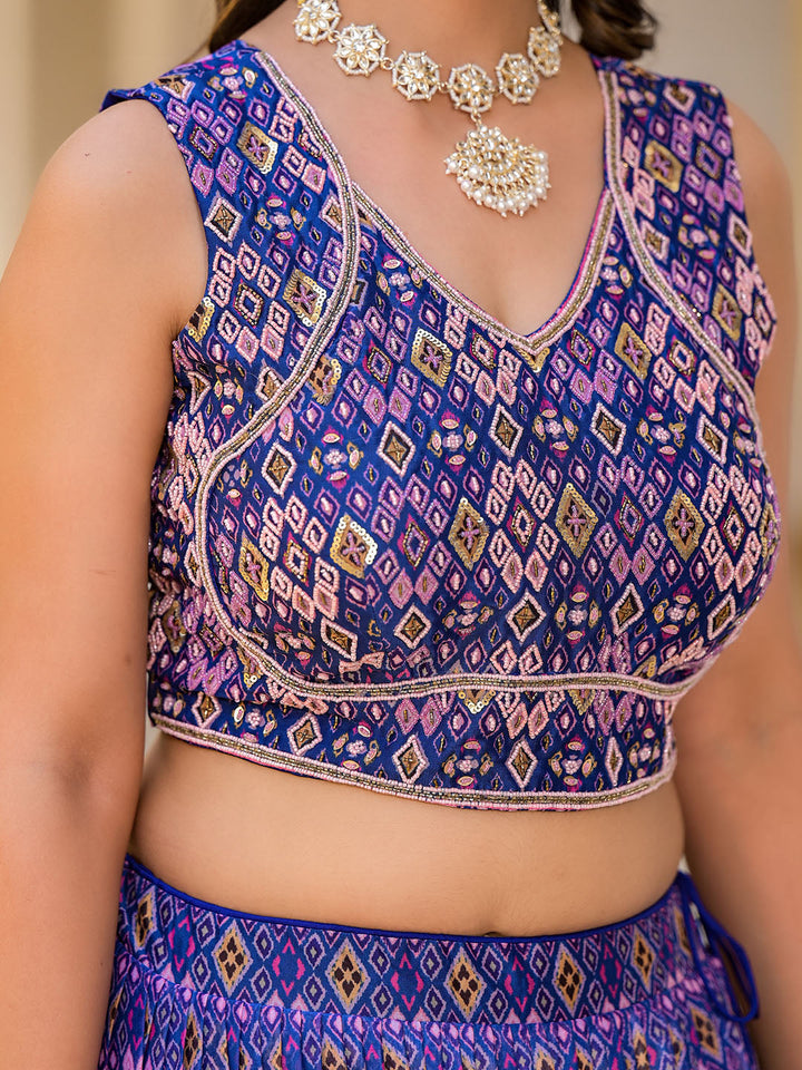 Printed Organza Choli With Lehenga &amp; Dupatta