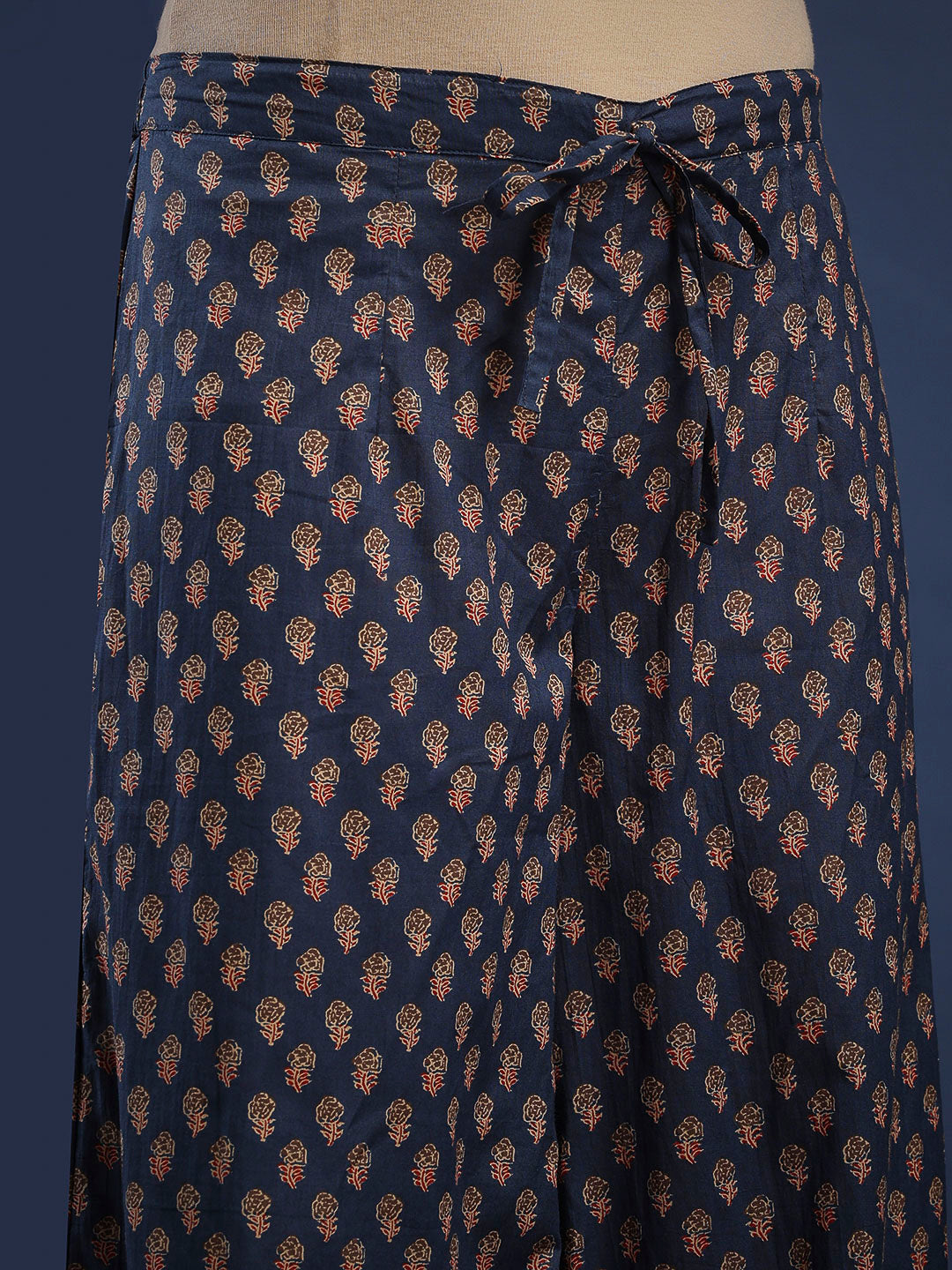 Blue Cotton Blend Printed Straight Suit Set
