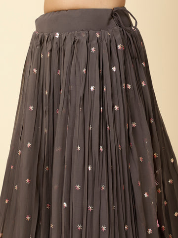 Resham Sequence Embroidered Georgette Kurta With Skirt & Dupatta