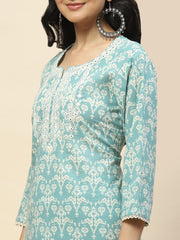 Neck Embroidered Cotton Kurta With Pants